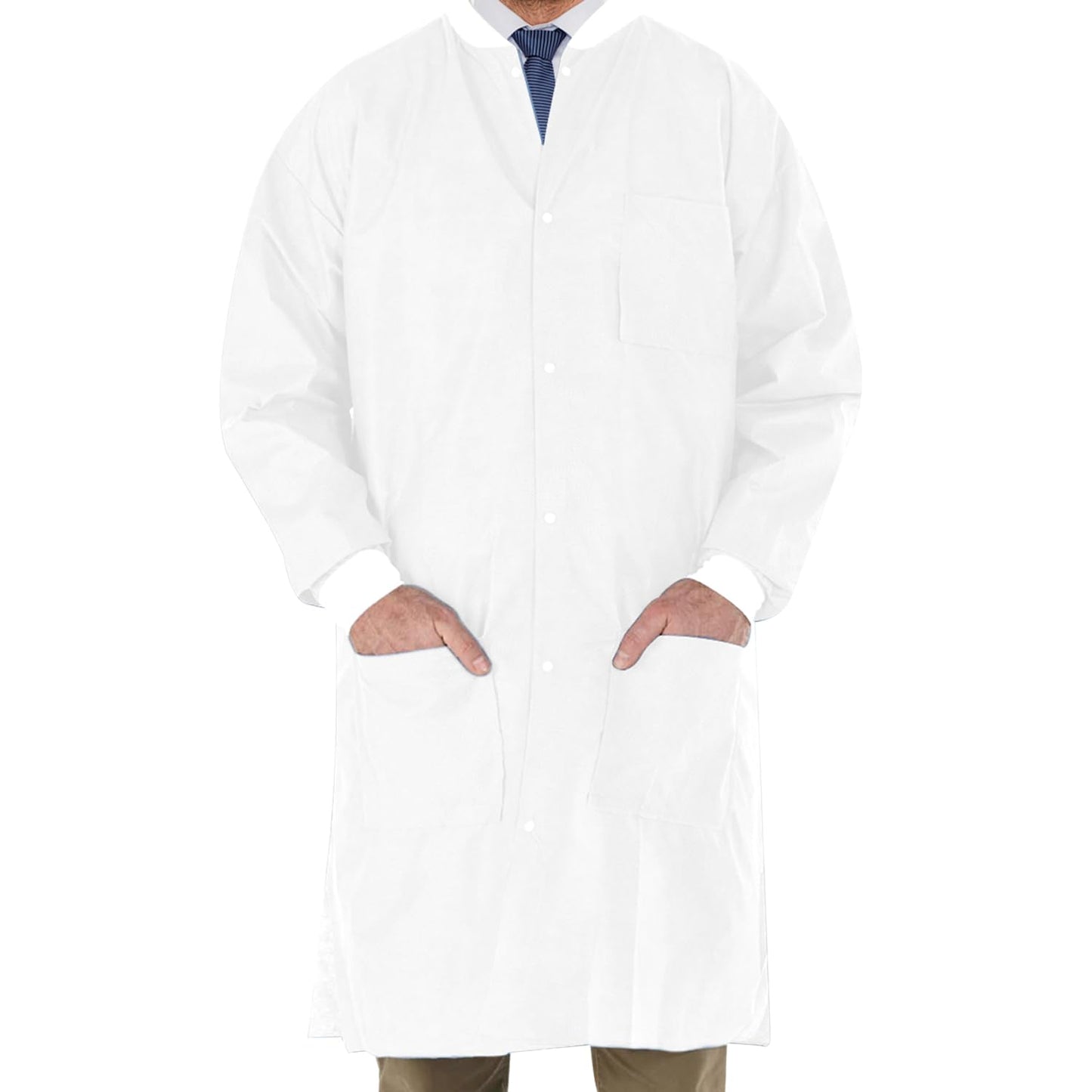 Blouse de laboratoire jetable SMS haute performance avec poignets et col en tricot, longueur cuisse - Blanc (lot de 30)