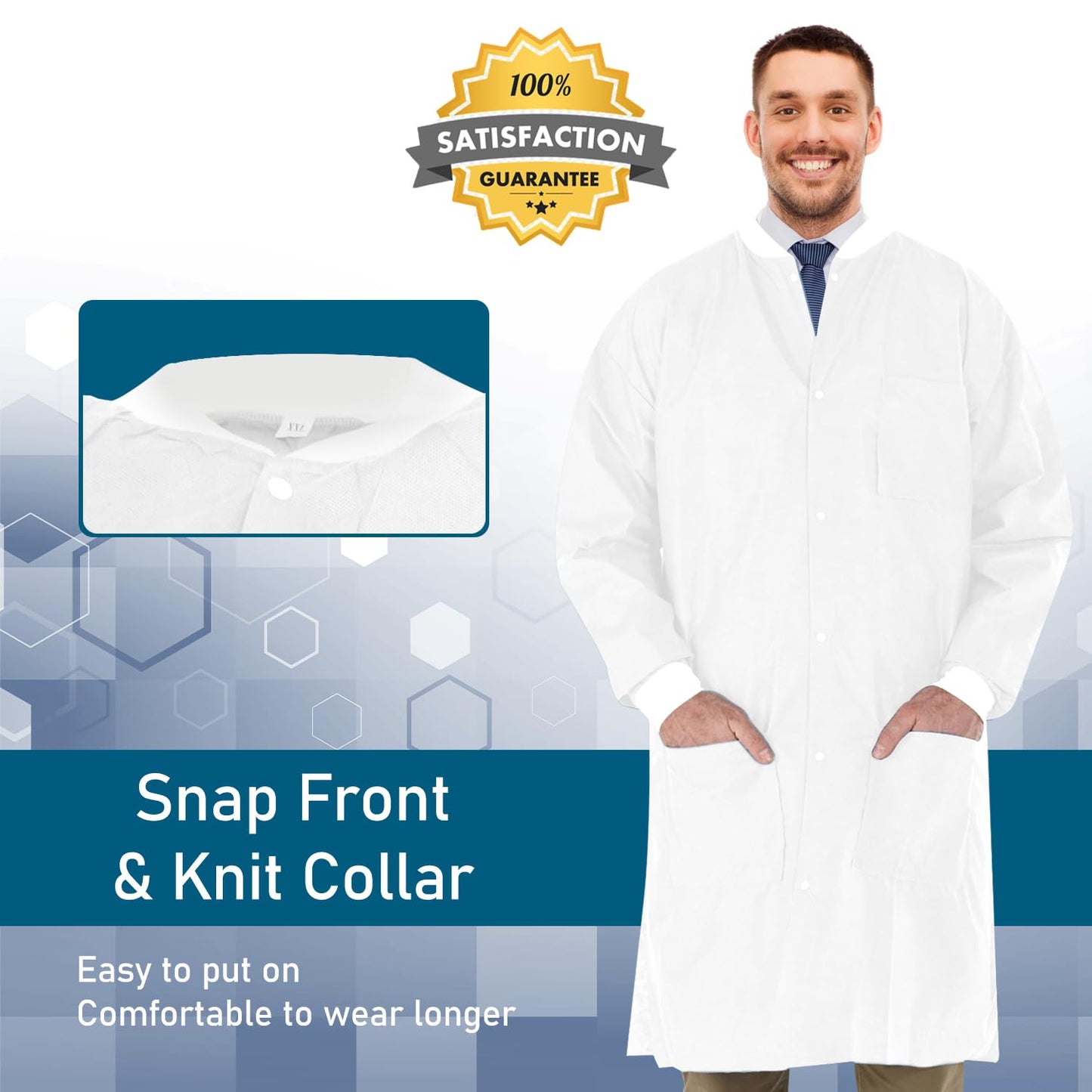 Blouse de laboratoire jetable SMS haute performance avec poignets et col en tricot, longueur cuisse - Blanc (lot de 30)