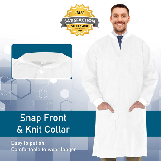 EOM Distributors High-Performance SMS Disposable Lab Coat with Knit Cuffs and Collar, Thigh Length - White (30 Pack)