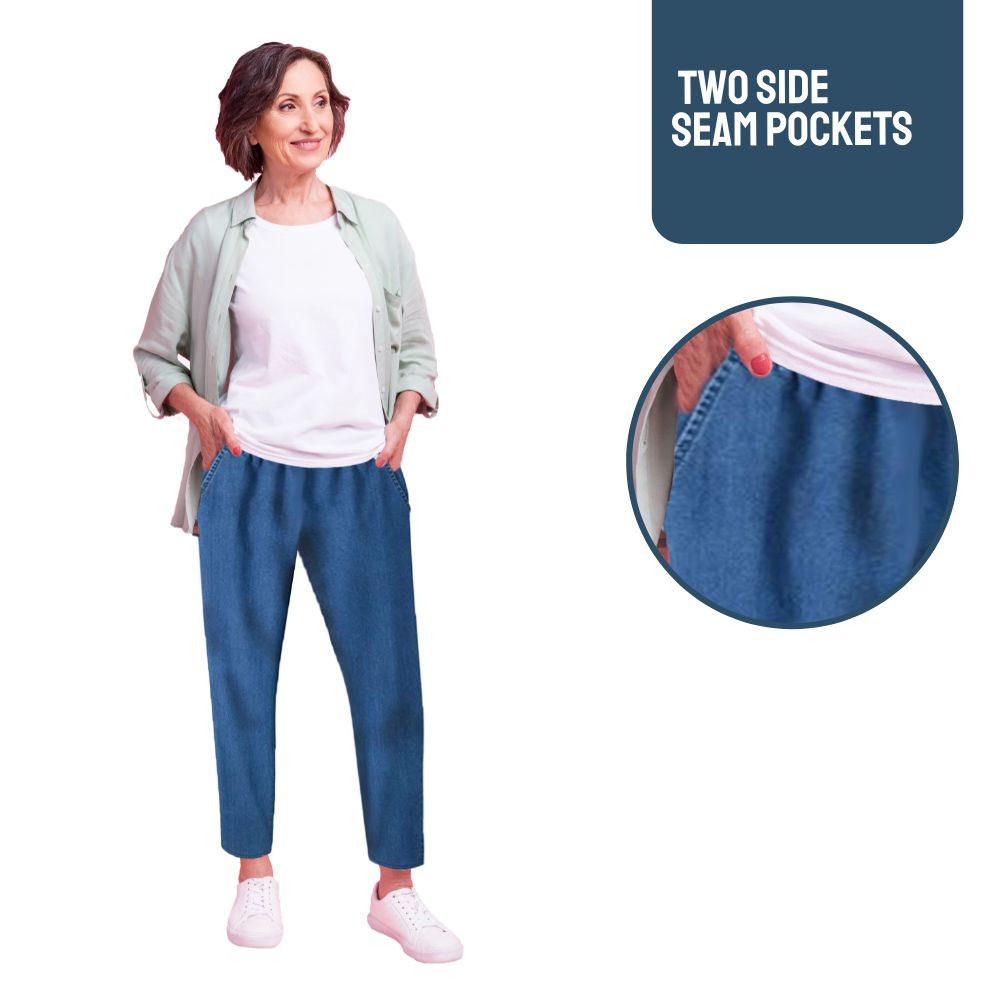 EOM Women's Pull-On Jeans with Side Pockets and Full Elastic Waist