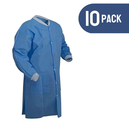 EOM Distributors High Performance SMS Disposable Lab Coat With Knit Cuffs and Collar, Thigh Length Individually Wrapped