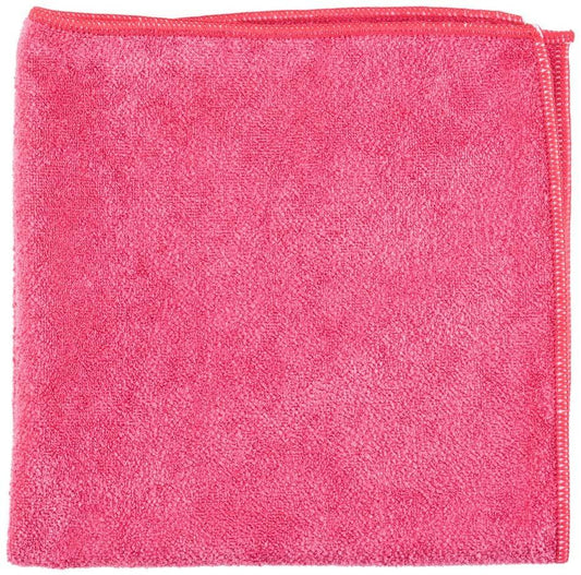 a red piece of luggage sitting on top of a pink blanket 